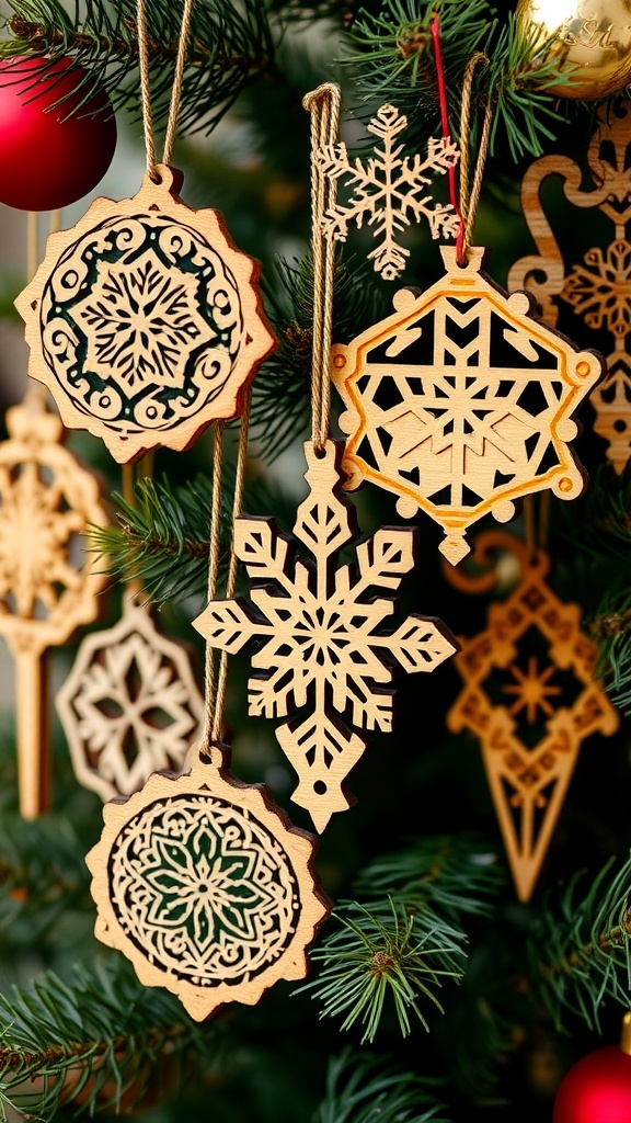 Handcrafted wooden ornaments hanging on a Christmas tree.
