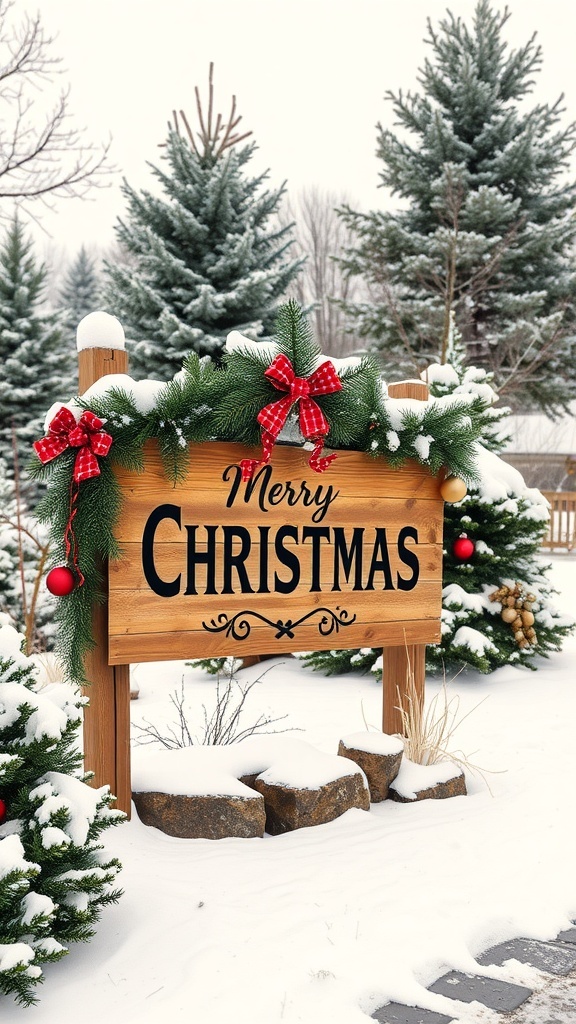 A wooden sign that says 'Merry Christmas', decorated with greenery and red bows, surrounded by snow and evergreen trees.