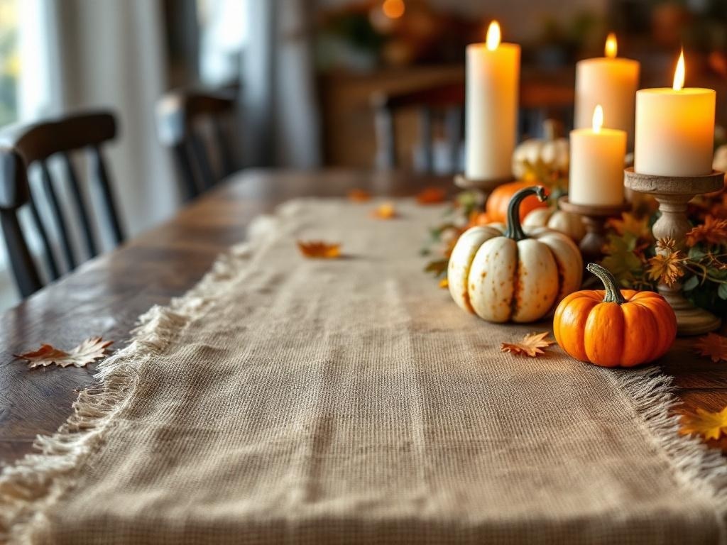 A rustic table setting featuring a burlap table runner, pumpkins, and candles.