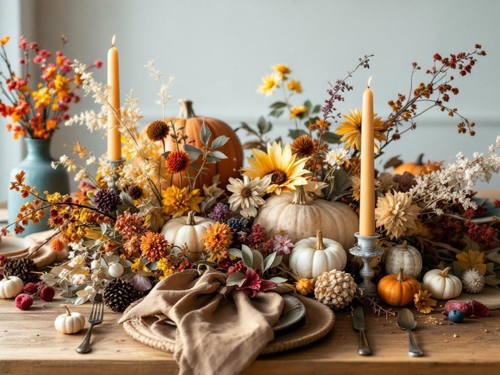 A beautifully arranged boho Thanksgiving table featuring pumpkins, flowers, and candles.