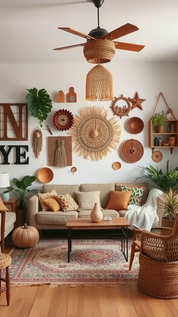 A cozy boho farmhouse living room with handmade crafts and decor.