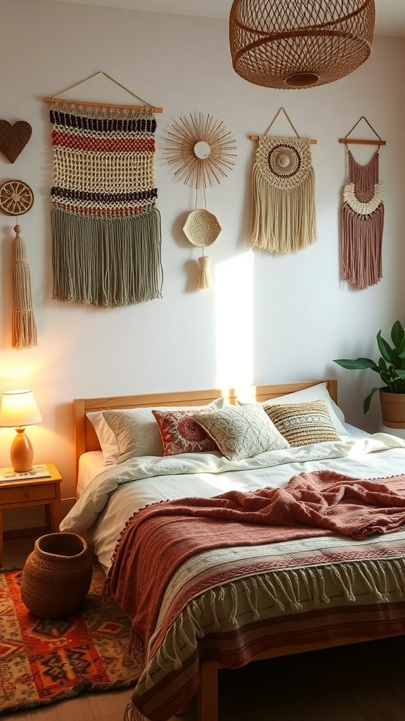A cozy bedroom with handmade textiles and crafts, featuring woven wall hangings and warm colors.