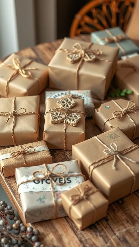 A collection of beautifully wrapped handmade gifts on a wooden table.