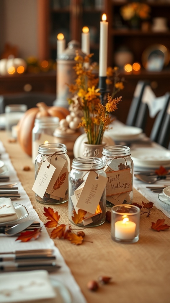 A handmade gratitude jar on a Thanksgiving table, decorated with leaves and a note inside.