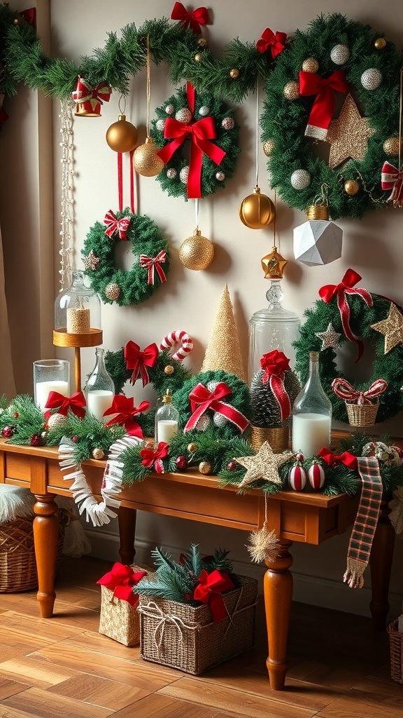 A cozy display of handmade holiday decorations featuring wreaths, ribbons, and festive ornaments.