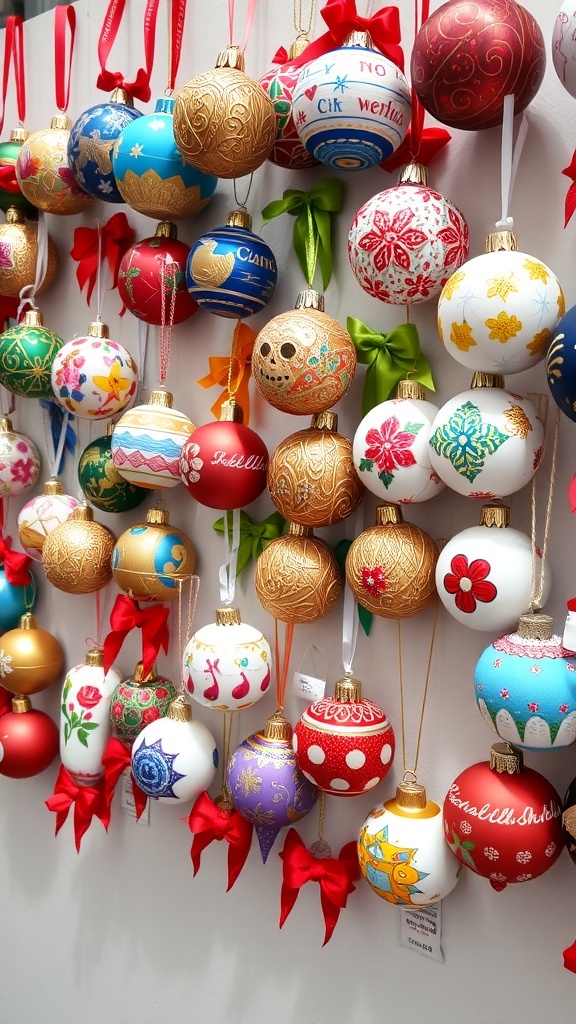 A colorful display of handmade Christmas ornaments hanging on a wall.