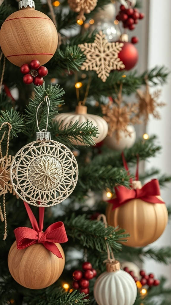 A close-up of a Christmas tree adorned with handmade ornaments, including wooden balls, snowflakes, and red bows.