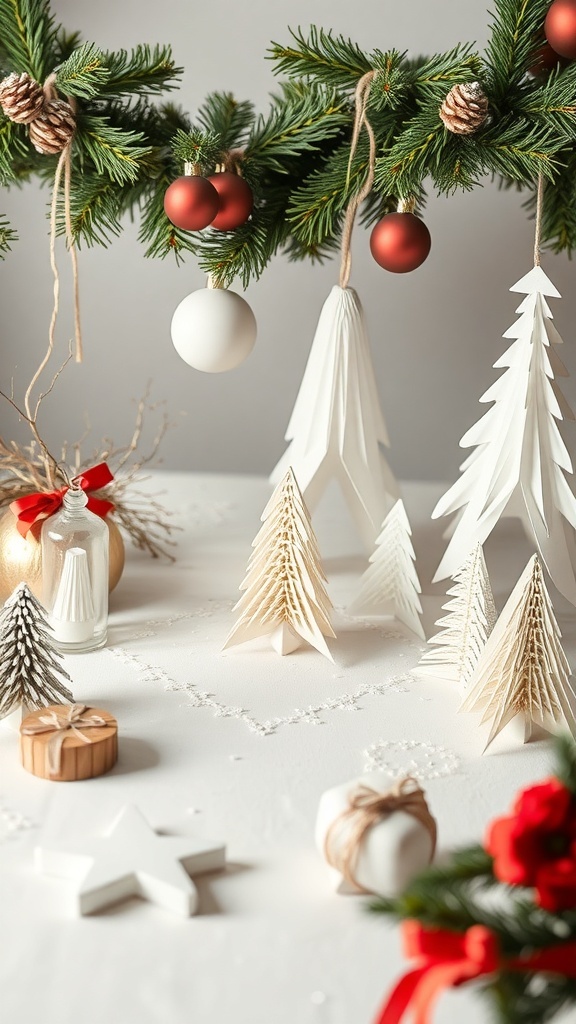 Handmade paper decorations including white trees and red ornaments on a festive table