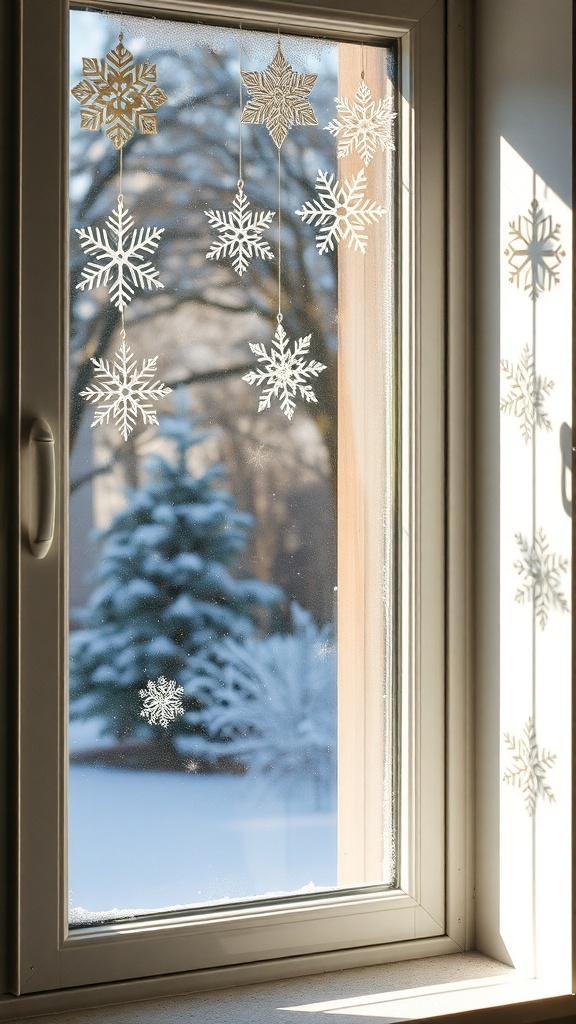 Handmade paper snowflakes hanging in a window with a snowy background