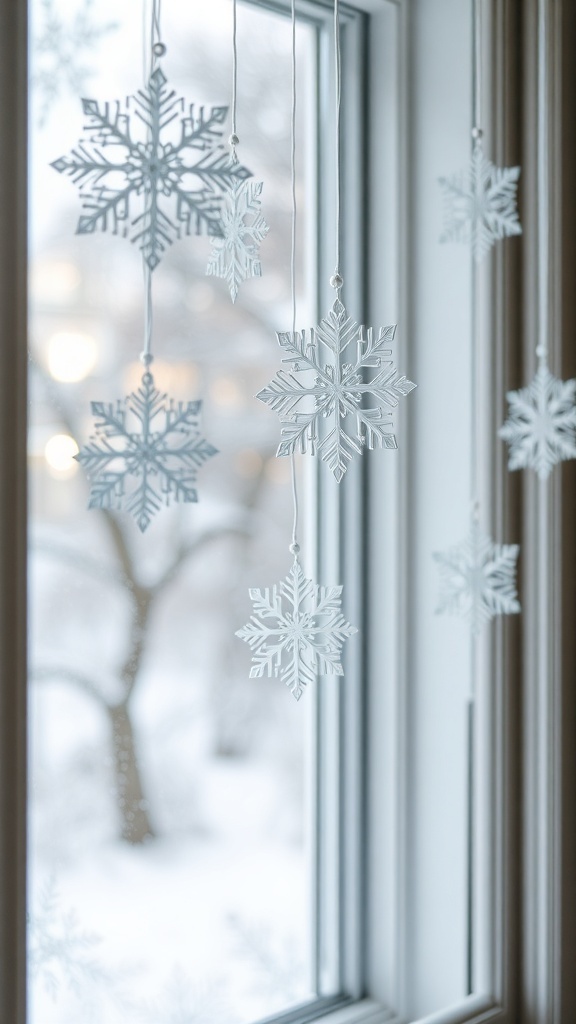 Handmade paper snowflakes hanging in a window