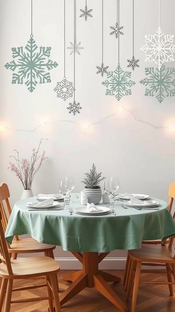 A cozy Christmas table setting with handmade paper snowflakes hanging above.