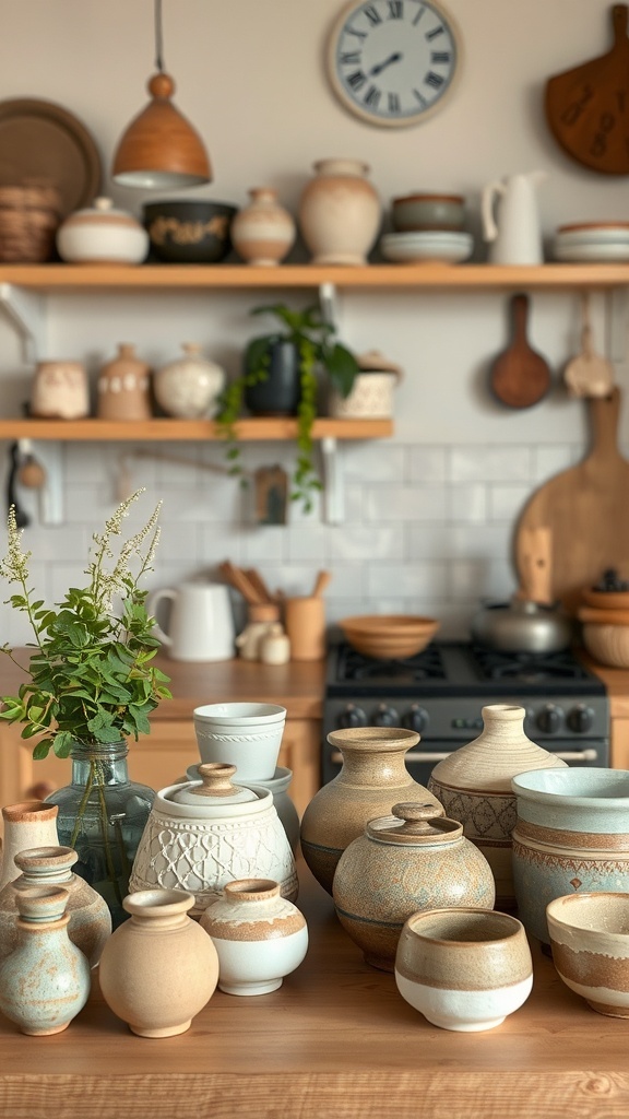 A collection of handmade pottery pieces in a boho kitchen setting, featuring various shapes and sizes on a wooden countertop.