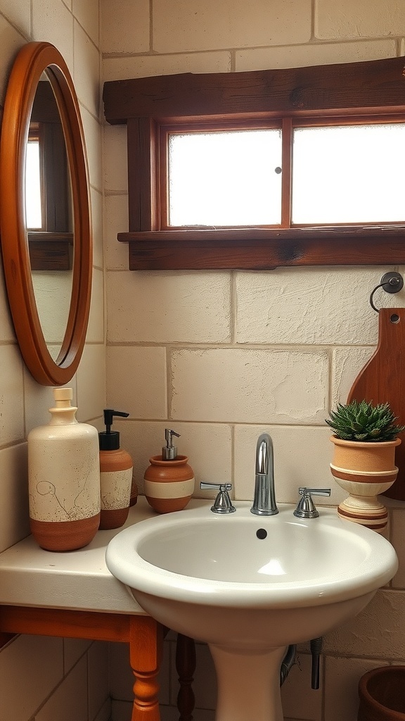A rustic boho bathroom featuring handmade pottery accessories on a sink.
