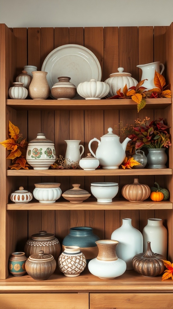 A wooden shelf displaying various handmade pottery and ceramics with autumn leaves.