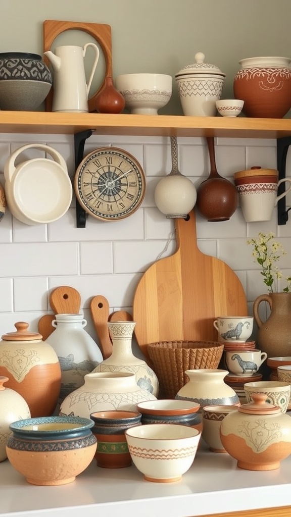 A collection of handmade pottery and ceramics displayed on shelves in a kitchen.