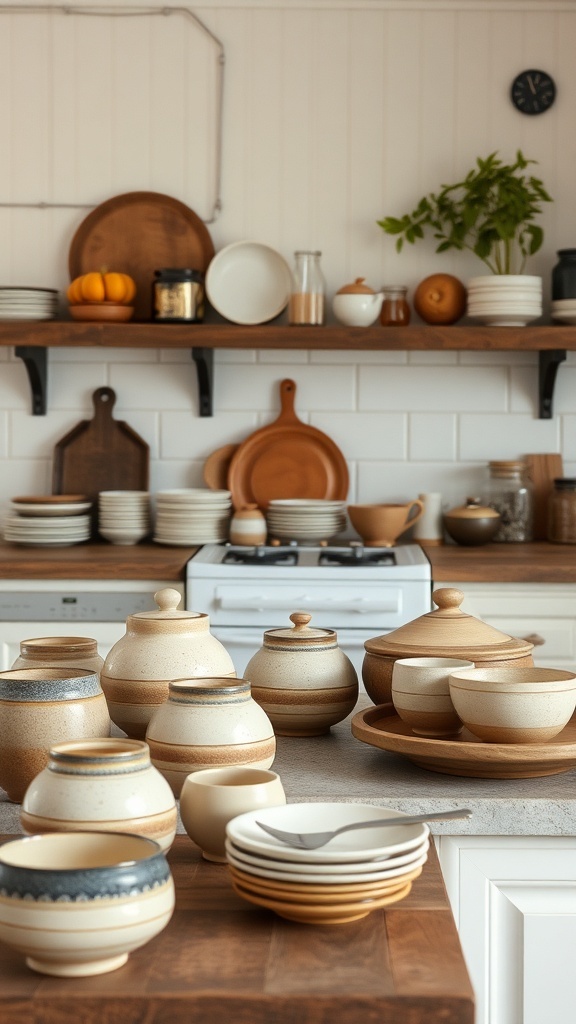 A rustic kitchen with handmade pottery and dishes on display.