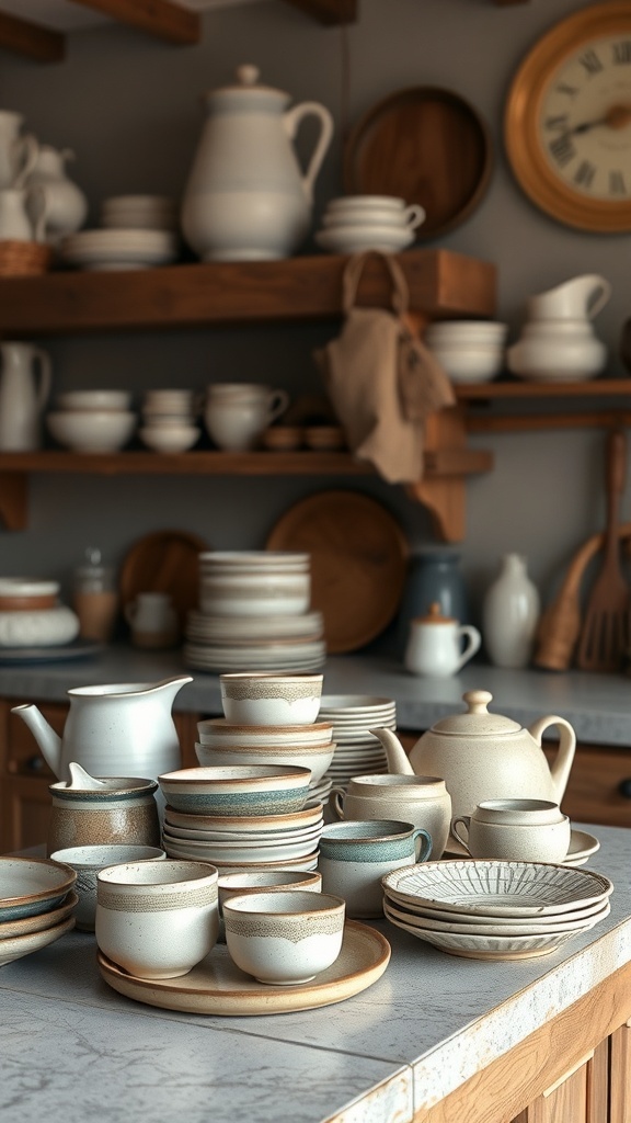 A collection of handmade pottery and dishware arranged on a kitchen counter, showcasing various plates, cups, and teapots.