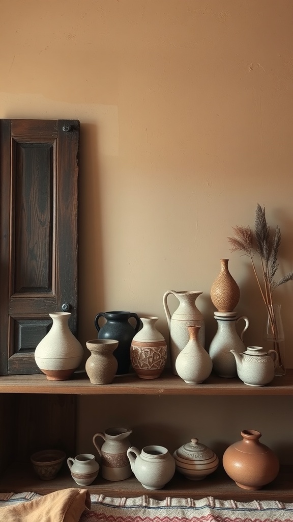 A collection of handmade pottery displayed on a wooden shelf against a warm, earthy wall.