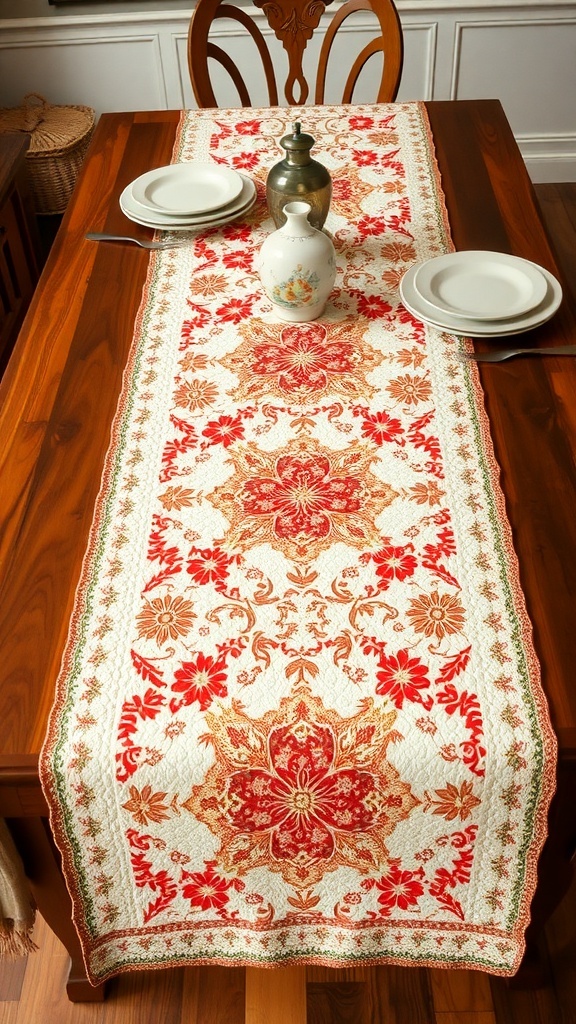 A handmade quilted table runner in red and gold on a wooden dining table, with white plates and a decorative vase.