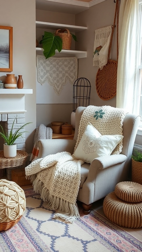 A cozy living room featuring handmade textiles like knitted throws and embroidered pillows.