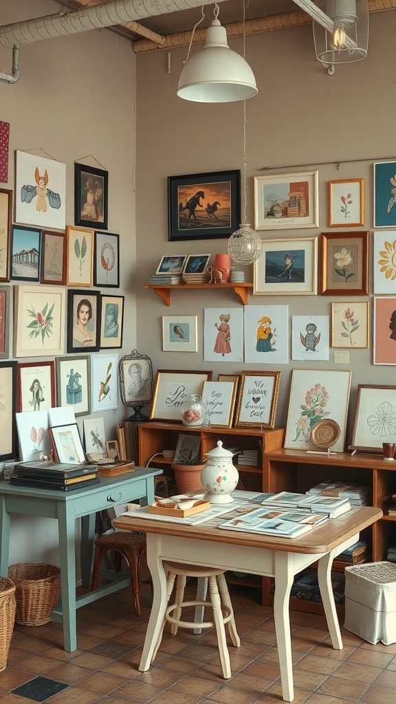 A cozy craft room filled with vintage-inspired artwork and handmade decorations.