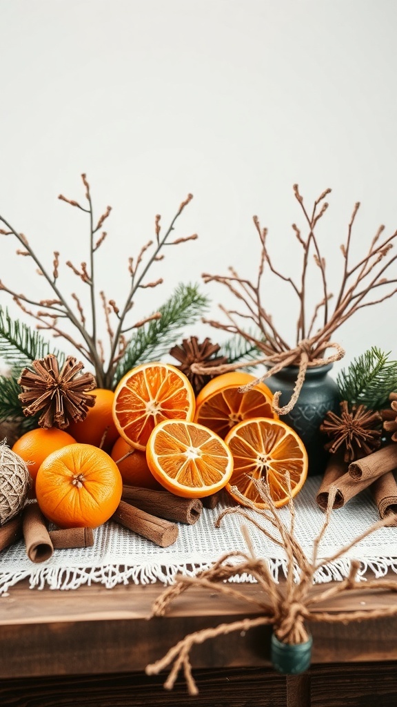 A cozy arrangement of dried oranges, cinnamon sticks, and pine branches for winter decorations.