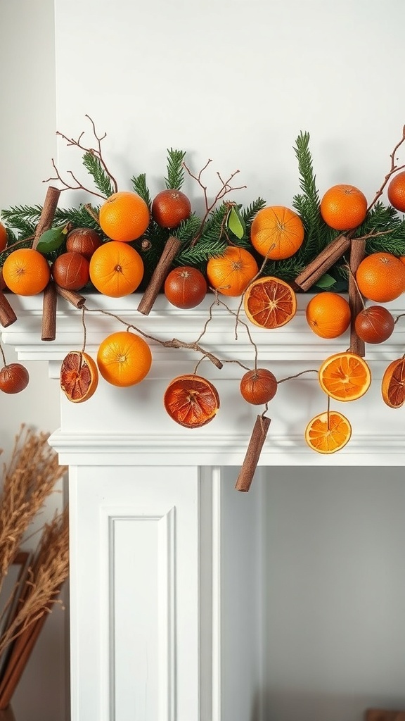 A decorative winter garland made of dried oranges, fresh oranges, and cinnamon sticks on a white mantel.