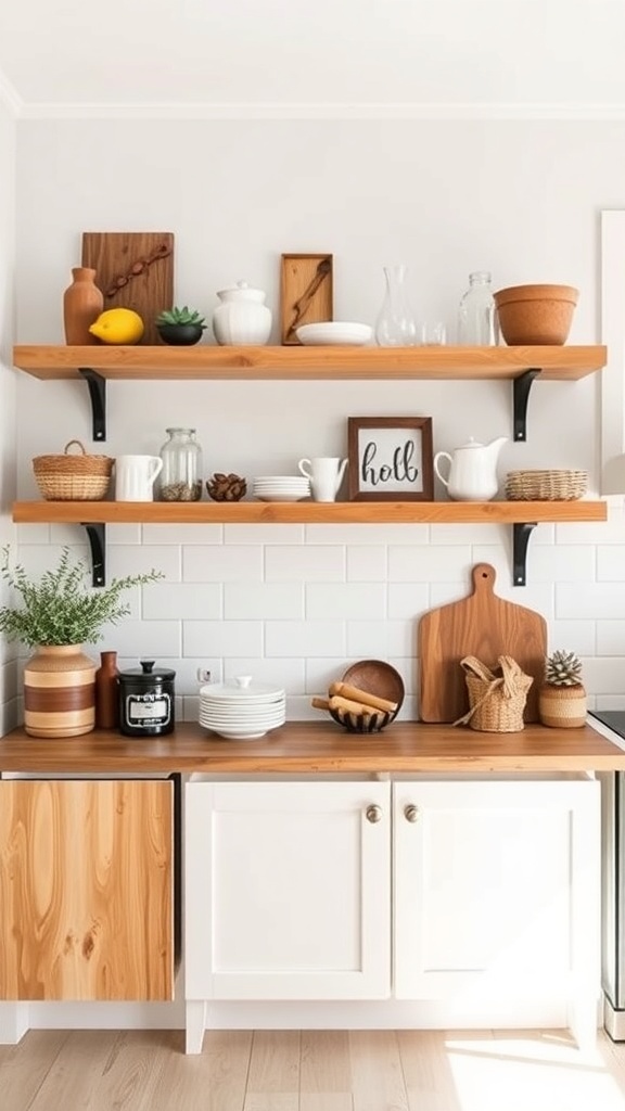 A cozy kitchen scene featuring handmade wooden shelves with various decorative items.