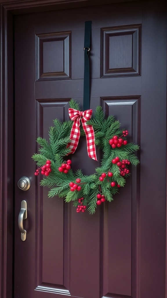 A handmade wreath with red berries and a checked ribbon hanging on a dark door.