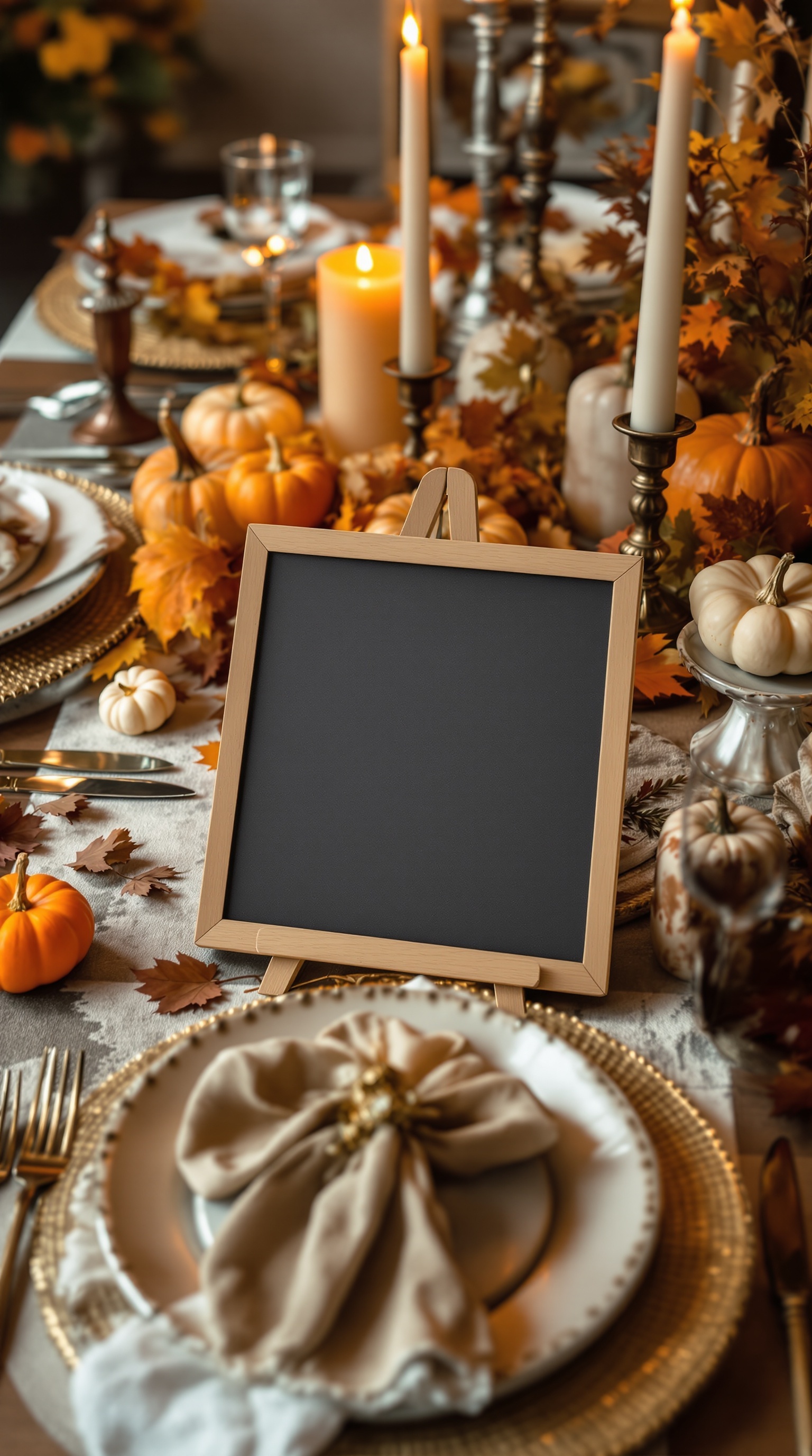 A handwritten Thanksgiving menu on a chalkboard surrounded by decorative pumpkins.