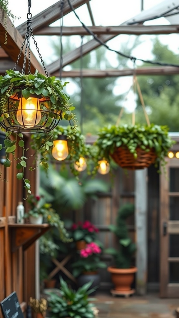 Hanging basket lights surrounded by greenery in a rustic setting.