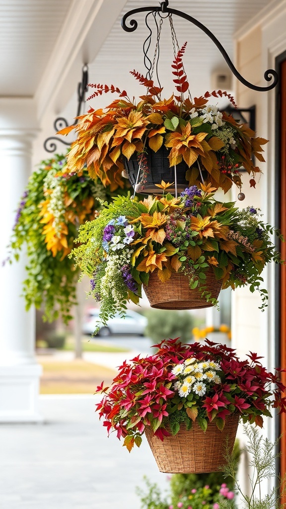 Colorful hanging baskets filled with autumn foliage and flowers on a porch.