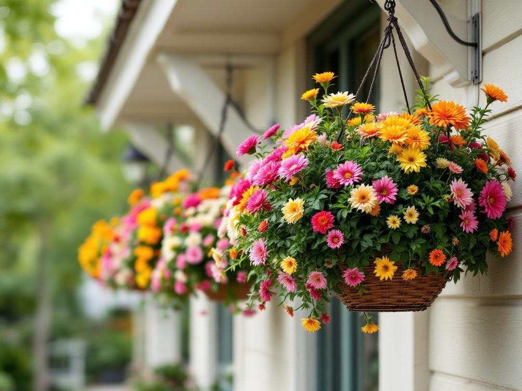 Colorful hanging baskets of mums on a porch