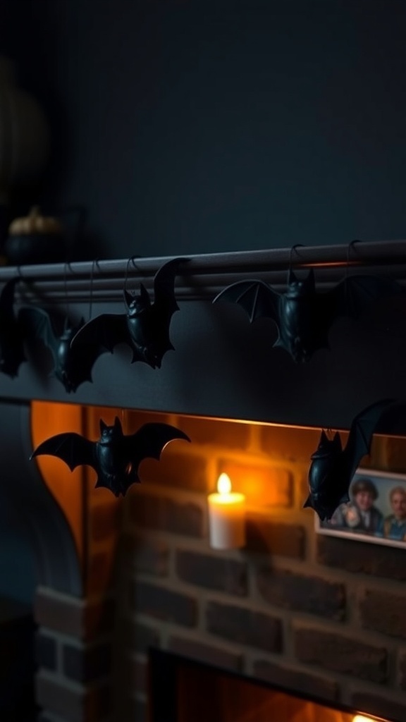 A mantle decorated with hanging black bat decorations and a glowing candle.