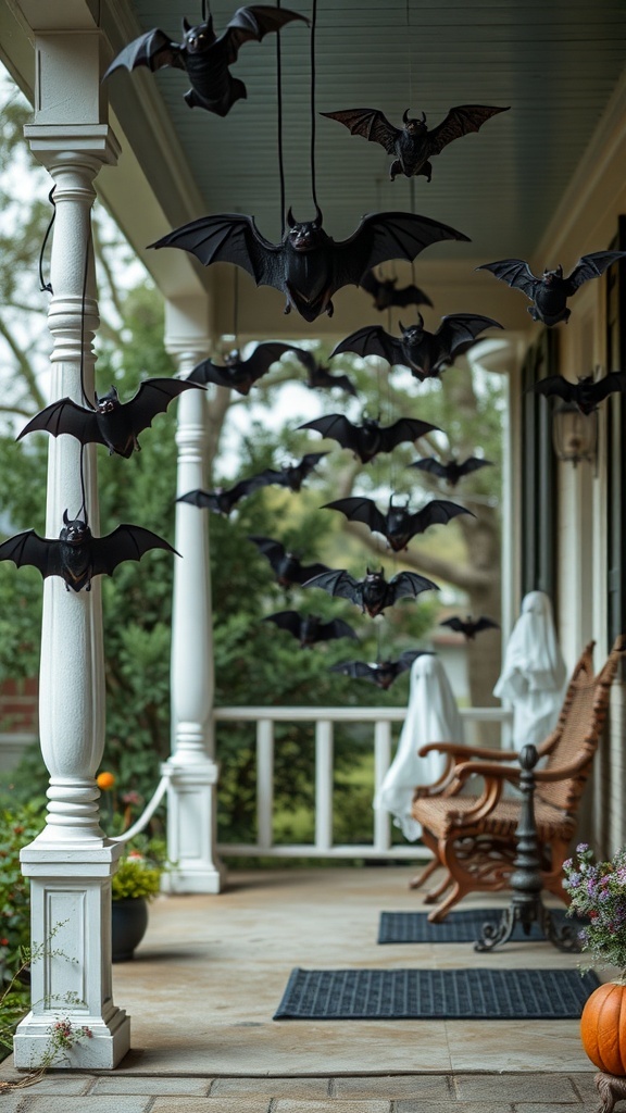 A porch decorated with hanging black bats and white ghosts for Halloween.