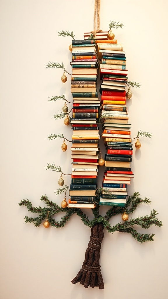 A creative hanging book tree made of stacked books and decorated with ornaments.