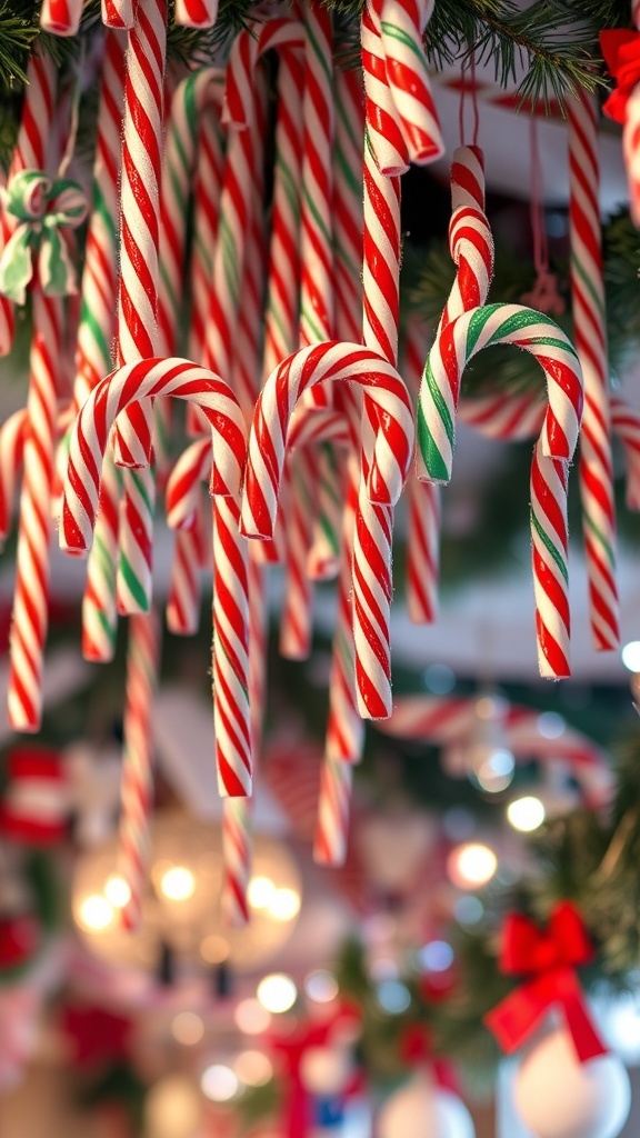 A collection of red and white striped candy canes hanging from a decorated ceiling.