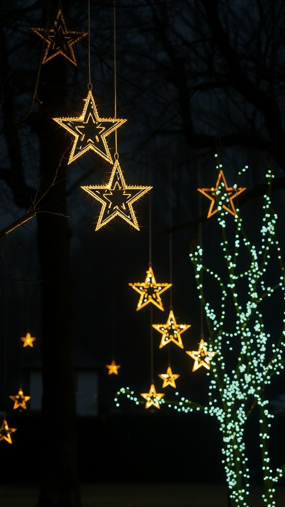 Hanging Christmas stars illuminated at night