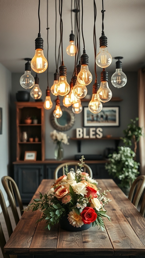 A cozy dining area with hanging Edison bulbs and a floral centerpiece on a wooden table.