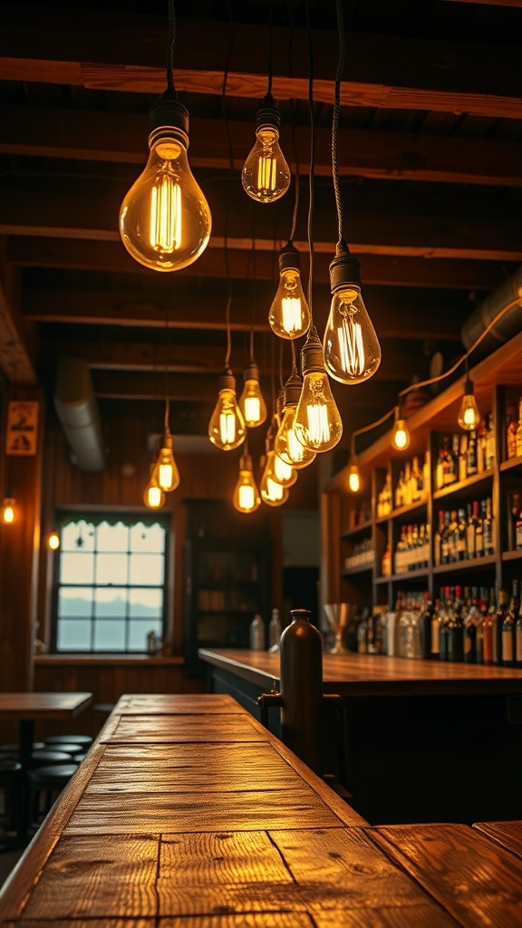 A rustic bar interior with hanging Edison bulbs illuminating the space.