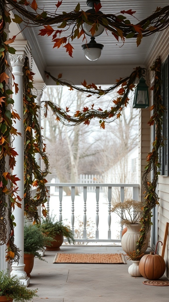 A porch decorated with hanging fall garlands made of colorful leaves, pumpkins, and potted plants.