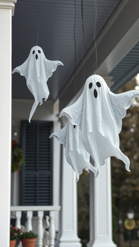 Three hanging ghost decorations made from white fabric with black eyes, floating on a porch