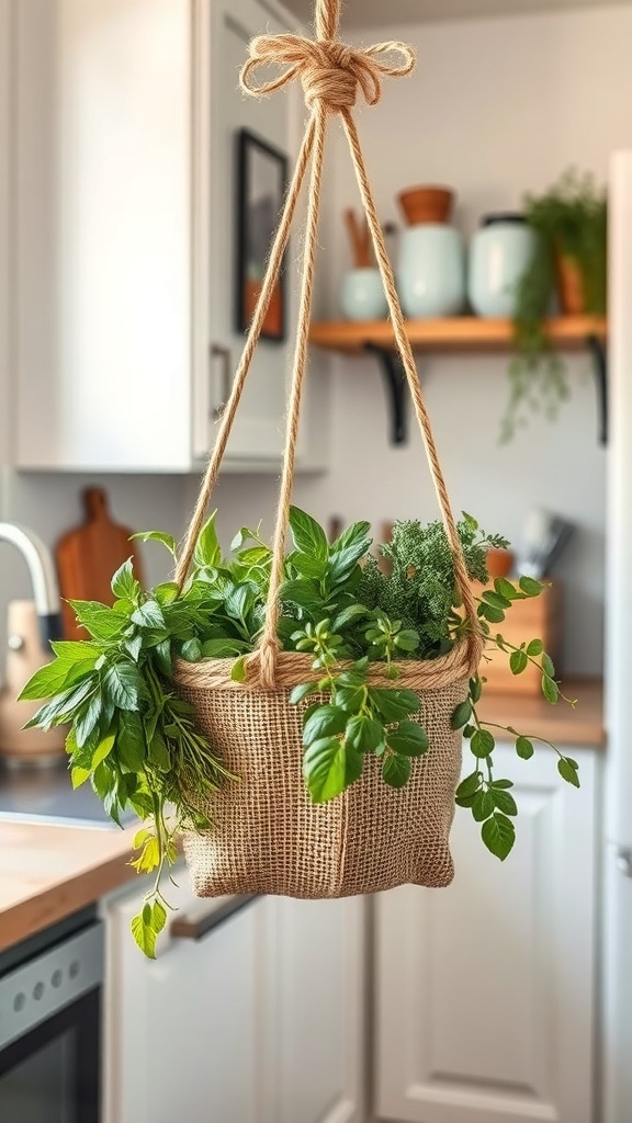 A hanging basket filled with various herbs, showcasing a rustic decor style.