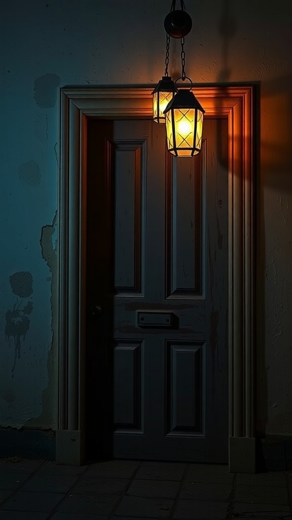 A dark door with two hanging lanterns casting an eerie glow