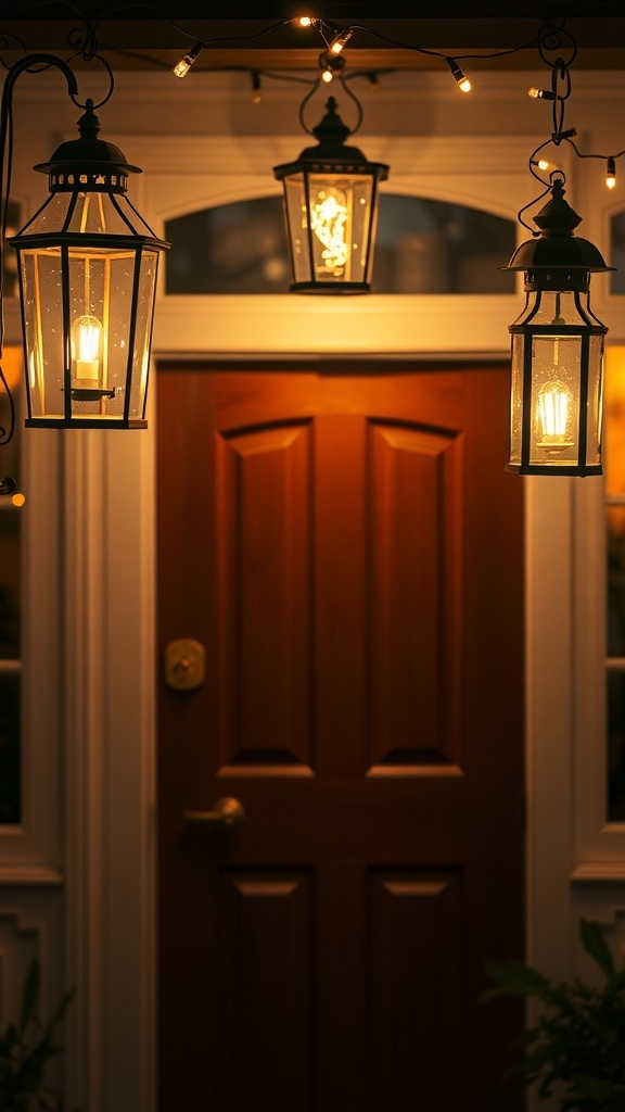 Hanging lanterns with fairy lights illuminating a front door