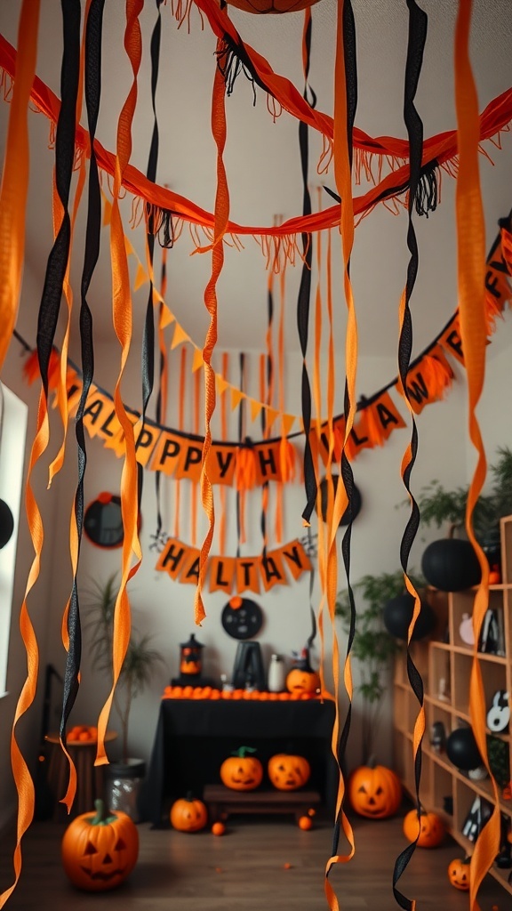 A room decorated with hanging orange and black streamers for Halloween.