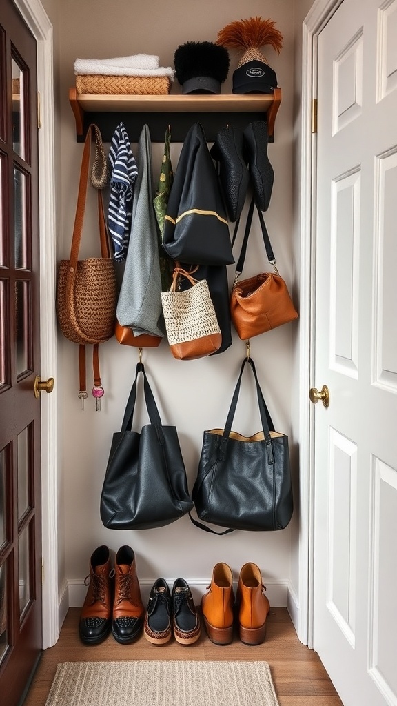 A well-organized entryway with a shelf and hanging bags, showcasing efficient use of space.