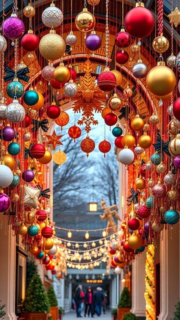 A colorful display of hanging Christmas ornaments in an indoor archway.