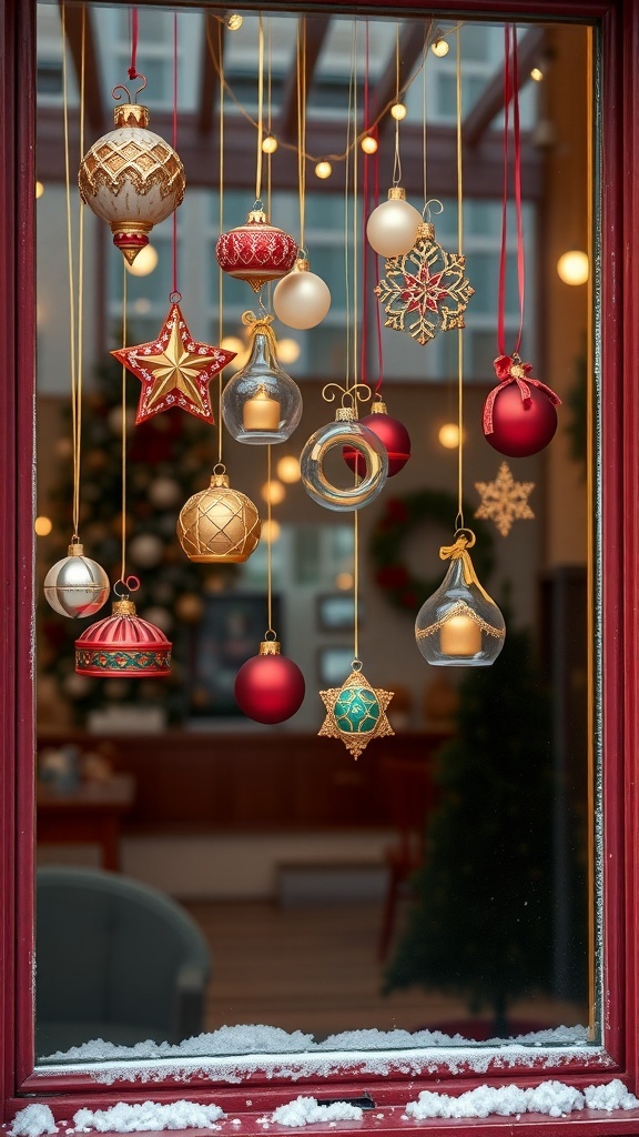 A window decorated with various colorful Christmas ornaments hanging from strings.