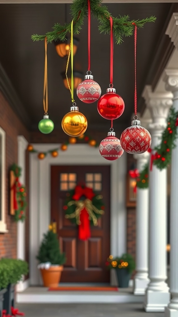 Colorful Christmas ornaments hanging from porch beams, with a decorated door and festive wreath